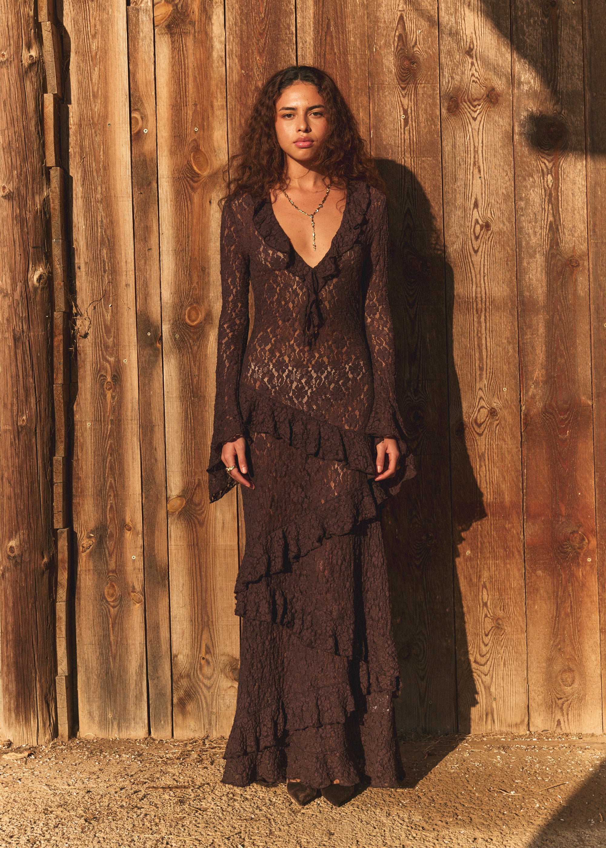 LACE LONG DRESS BROWN